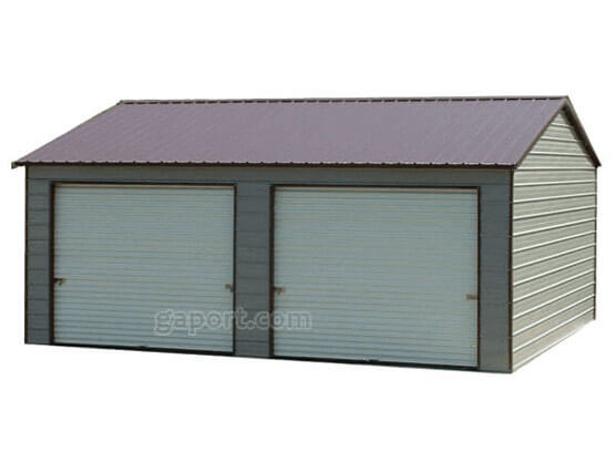 double door steel buildings with burgundy roof and gray siding