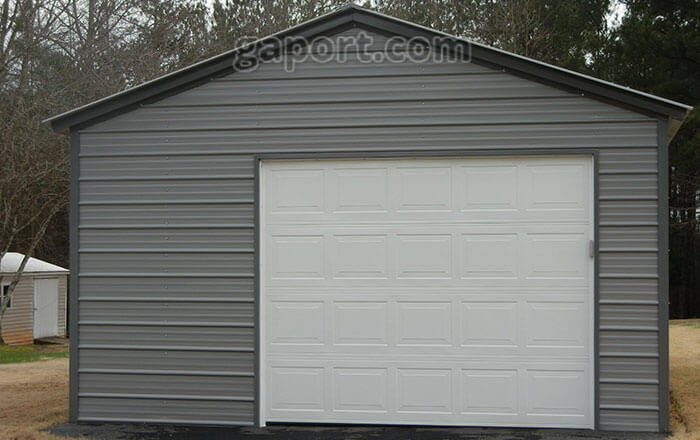 Sample 18 by 25 steel garage in Missouri with aesthetically pleasing gray siding and darker trim.
