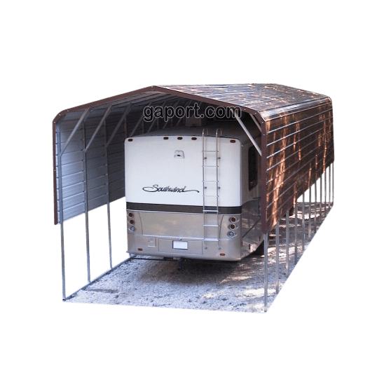 A quality metal rv cover showing two extra panels on each side for great protection from the elements.