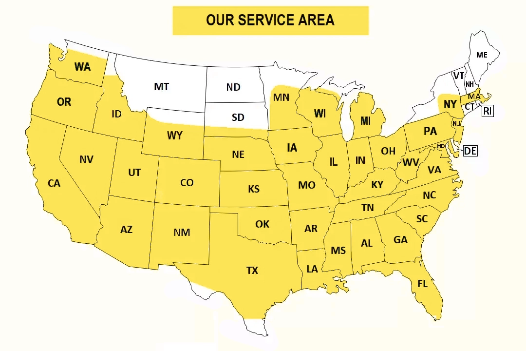 our metal building coverage area map of the United States that is shaded in yellow to represent the areas we service