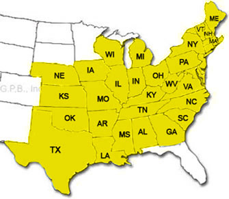 Our service area map, showing states and areas served.