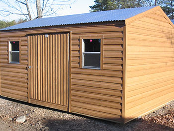 Shown here is a portable shed in a woodgrain style