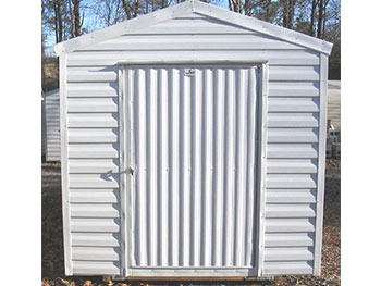 Pictured here is a neat and tidy portable storage building.
