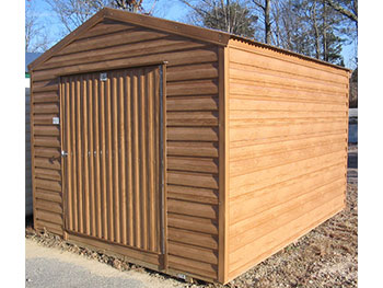 Chestnut in color, this portable shed has a woodgrain exterior.