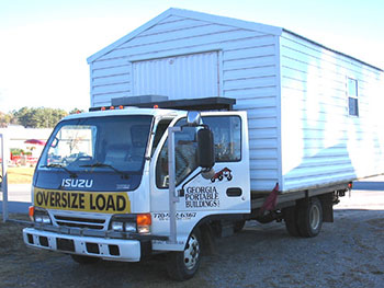 Shown here we see a portable storage shed ready for delivery.