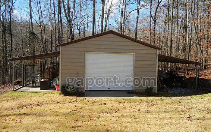 This image illustrates a 20x20 metal garage with a roll-up door and two awnings.