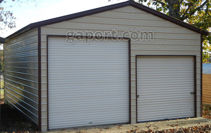 22 wide x 30 long x 11 legs x 15 peak height metal garage, two rollups.