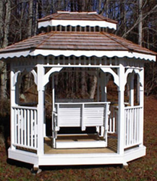 Shown here, a 7x9 teahouse with a very smooth gliding enjoyable swing.