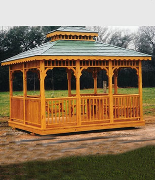 This is a 12x16 oblong gazebo glider house with a double metal roof.