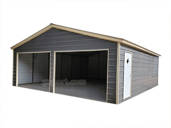 gray 24x30 metal building with two garage doors for cars