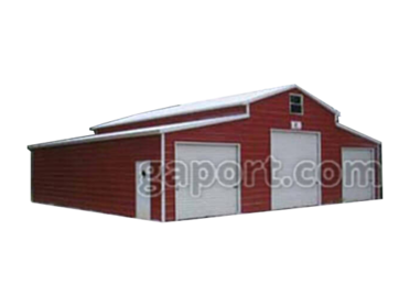 typical red metal barn with white trim and three garage doors to keep tractors and equipment out of the weather