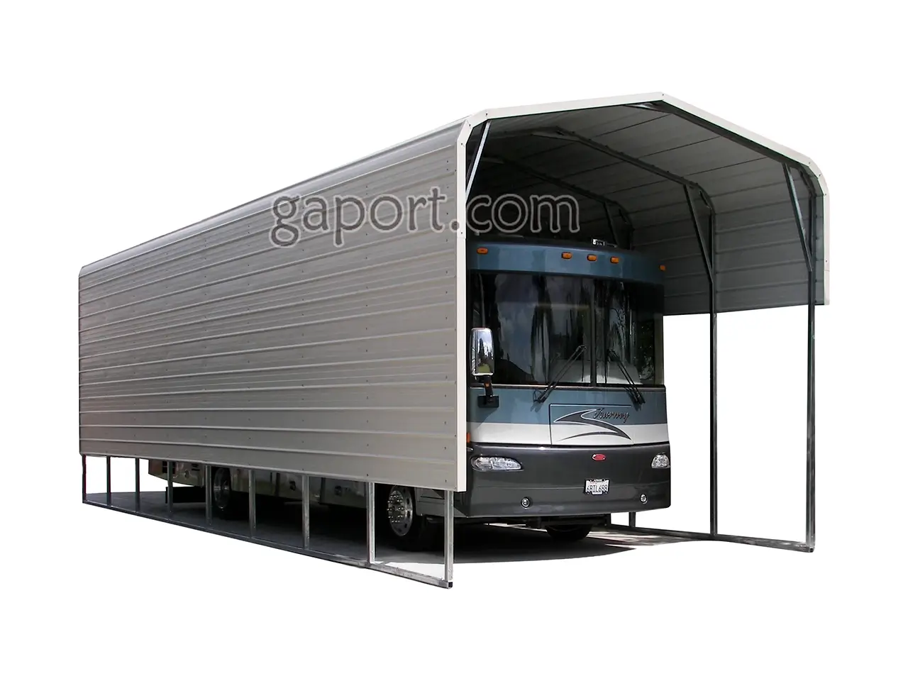 tall metal rv covers are illustrated with pebble beige sides