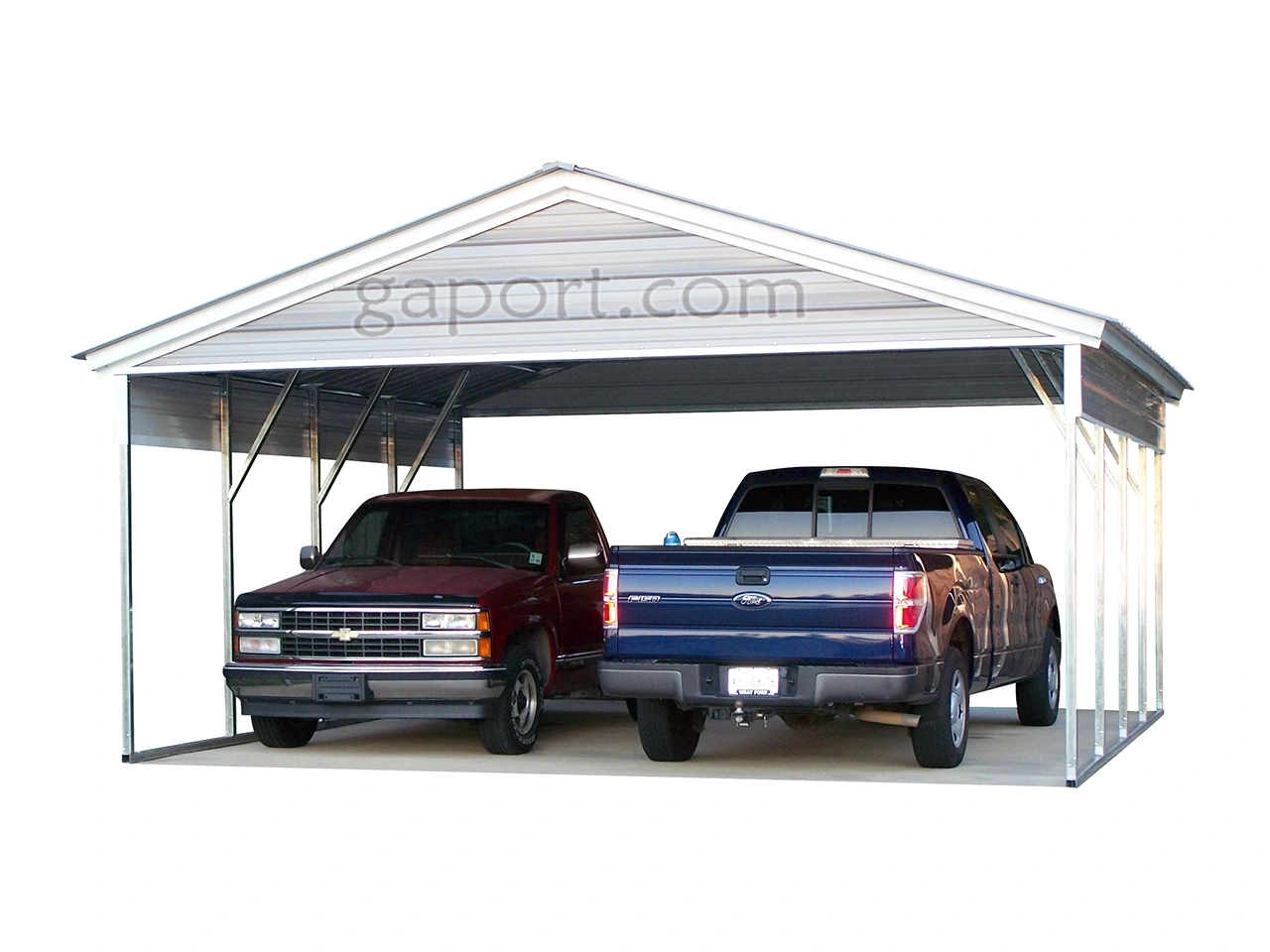 angled view of a gray car cover with a truck and car underneath