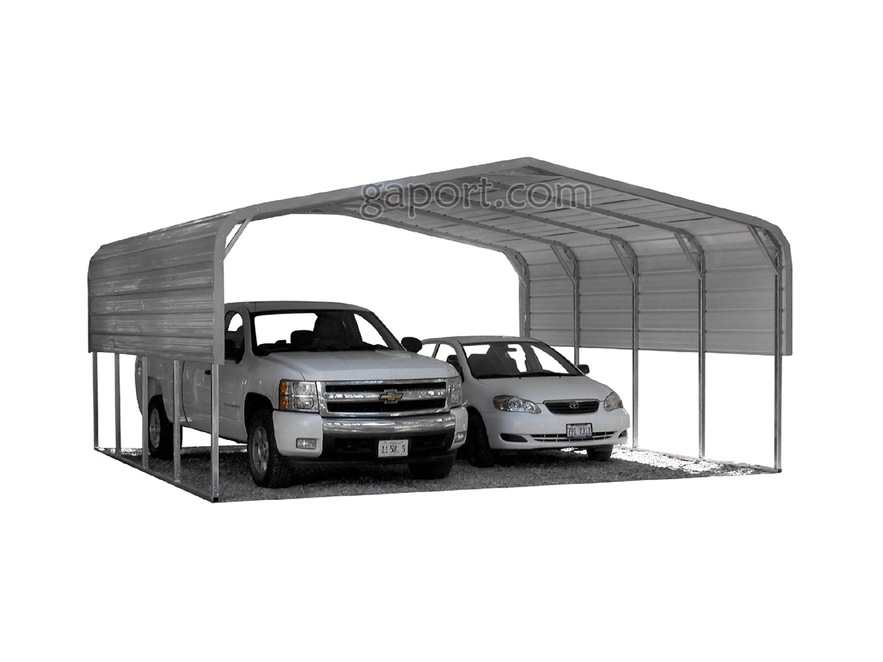 displaying a carport for sale with a panel on each side covering a truck and car