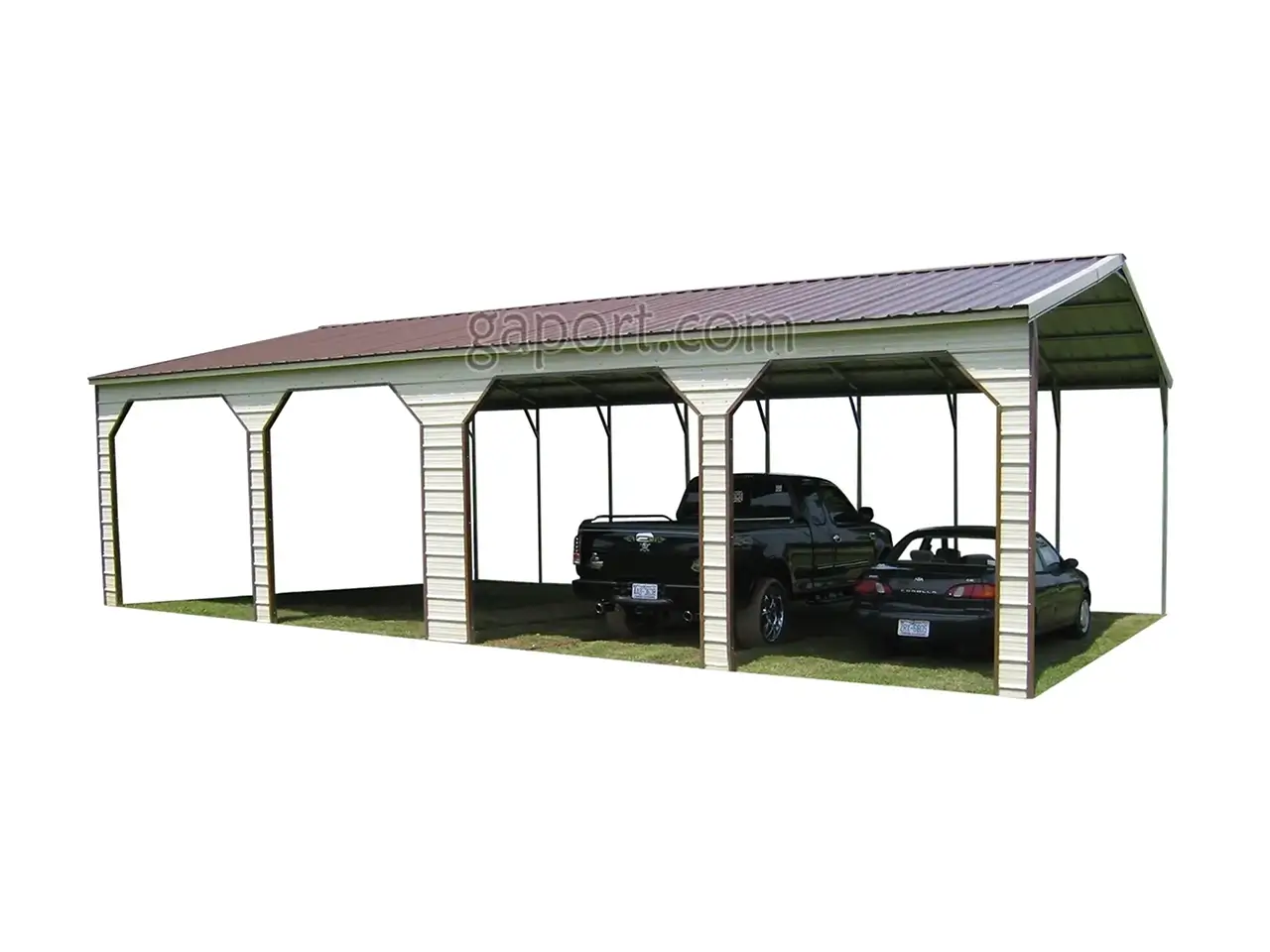 very interesting and unusual metal four car carport where the cars actually enter the side