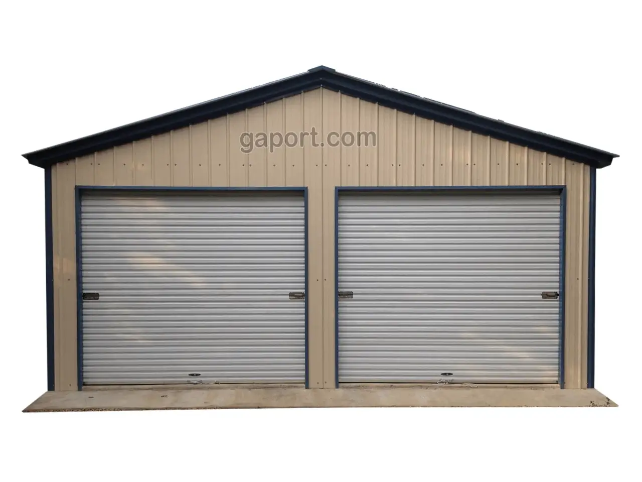 image illustrating two car metal garage building with beige vertical siding