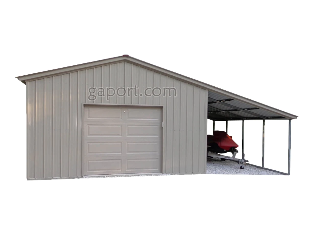 attractive metal garage with attached lean-too on the side for an added covered area
