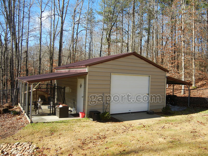 Garage structure shown with two carports one on each side