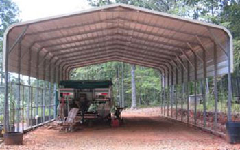 Extra strong roof support bracing is shown on this strong and sturdy metal vehicle cover.