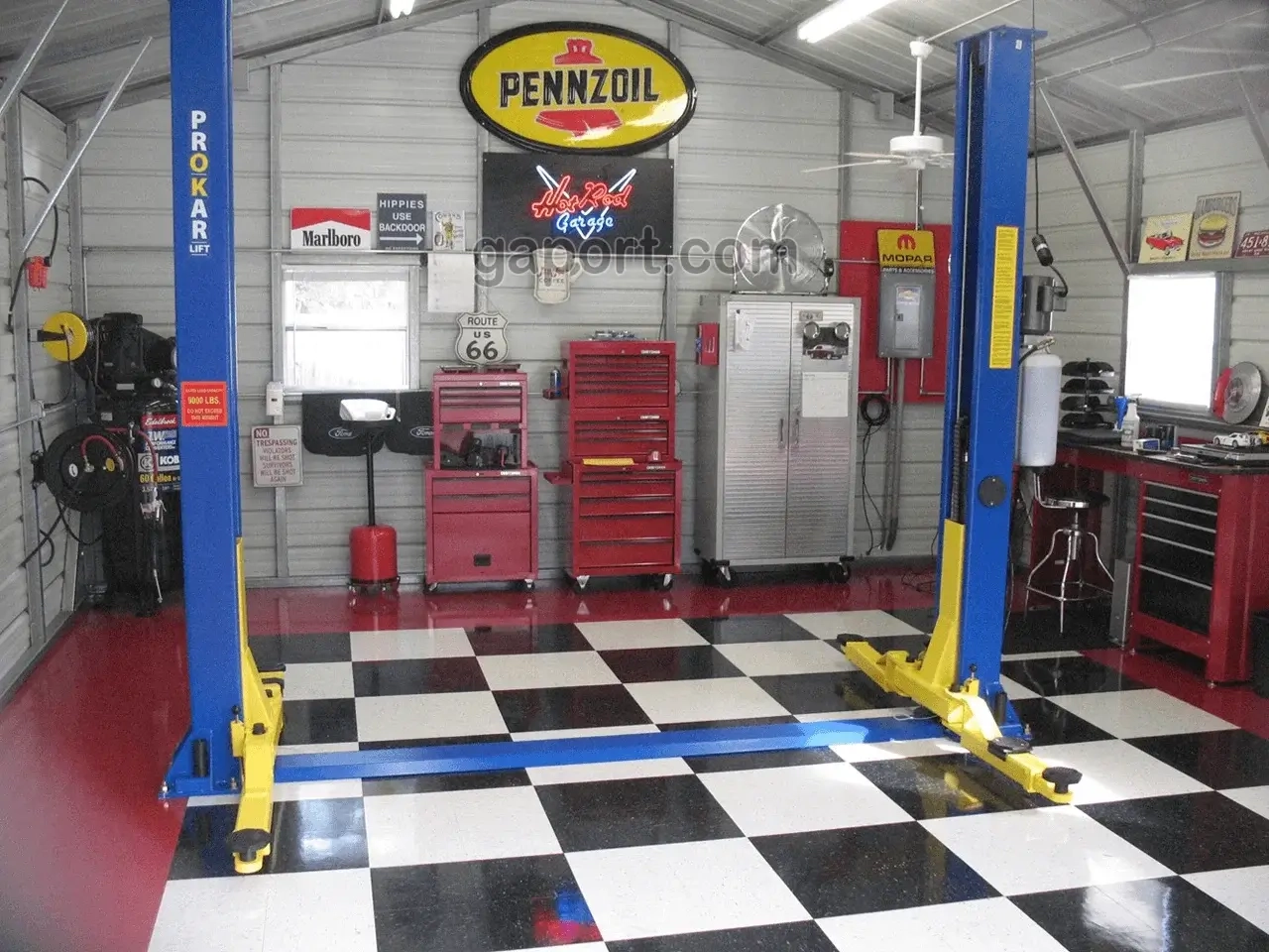 inside view of a workshop and no car on a vehicle lift