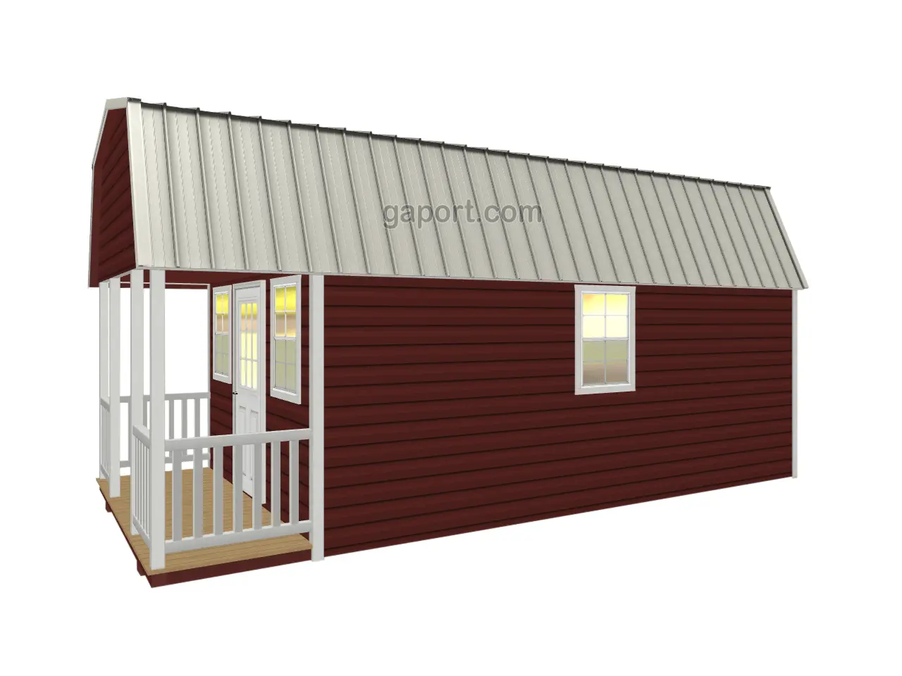 Super nice burgundy barn shed with loft and ornate front porch that is equipped with four windows.