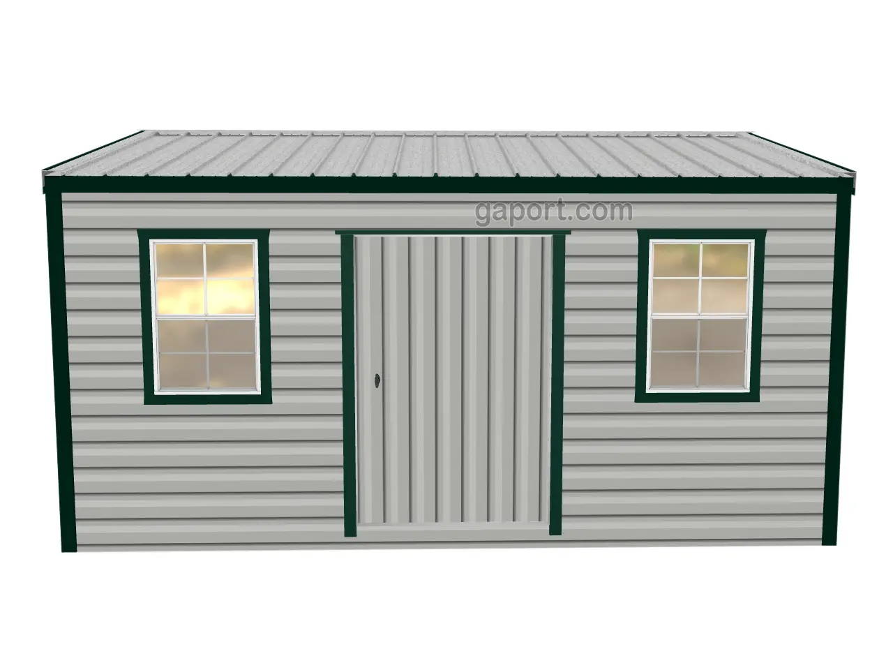 Displayed is a nice economical metal shed with a door, two windows and electrical wiring.