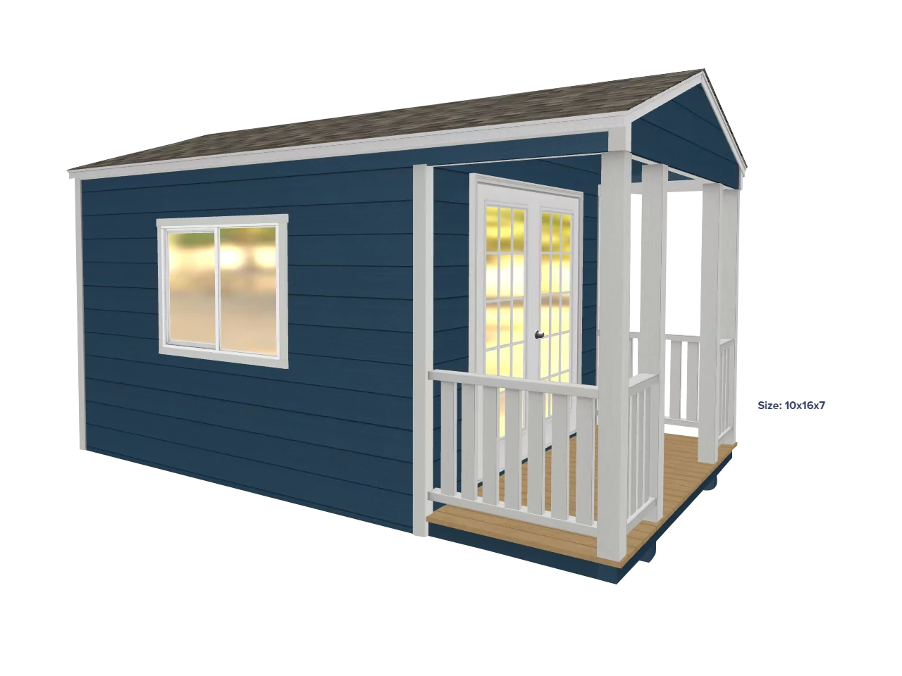 This is a cute blue she-shed with white trim equipped plenty of natural light and double french doors for the distinguished lady.