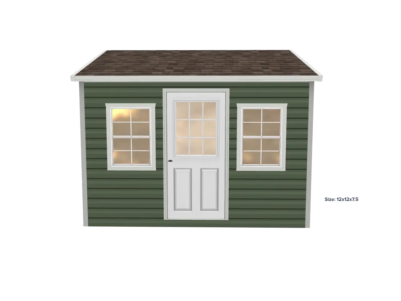 Cute garden shed with architectural shingled roof, nine light door and two windows.