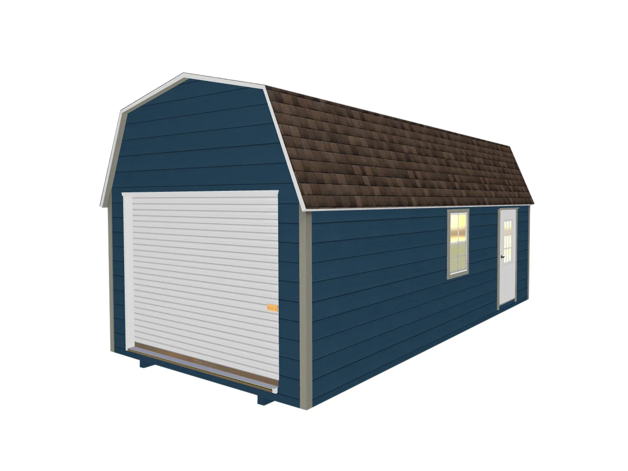 Nice blue lap siding garage shed with a garage door in the twelve foot end wall and window.